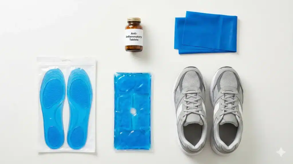 Common foot pain treatments including medication physiotherapy and orthotics
