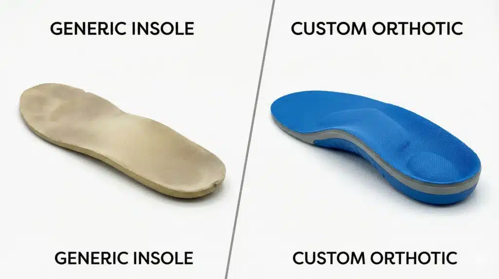 Side by side comparison of generic store bought insole versus custom made orthotic insole