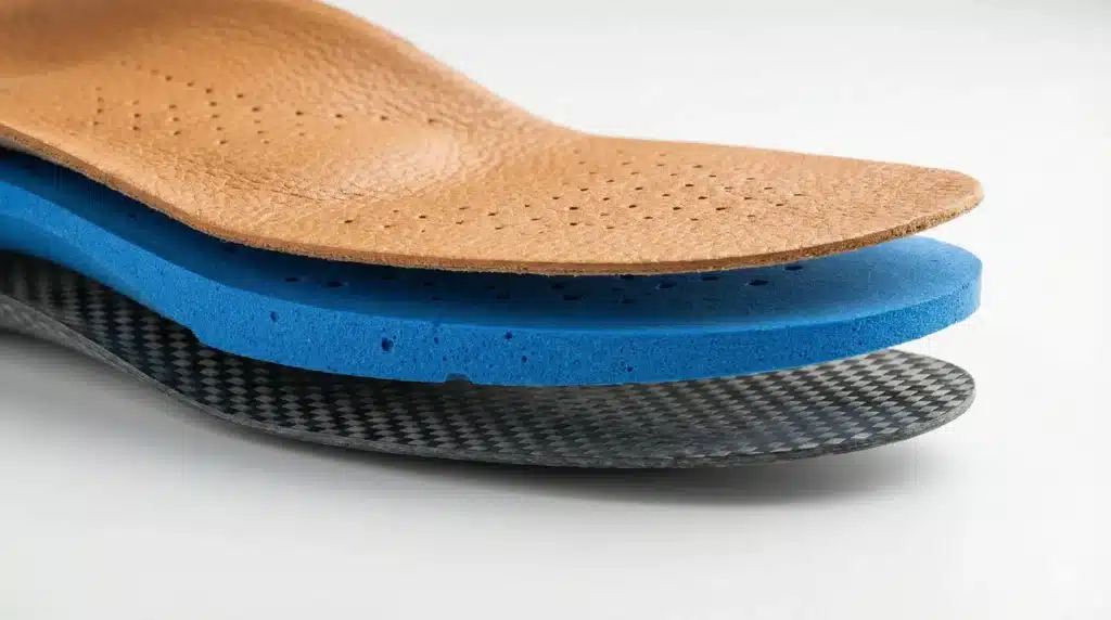 High quality custom insole materials showing layers of EVA foam carbon fiber and leather
