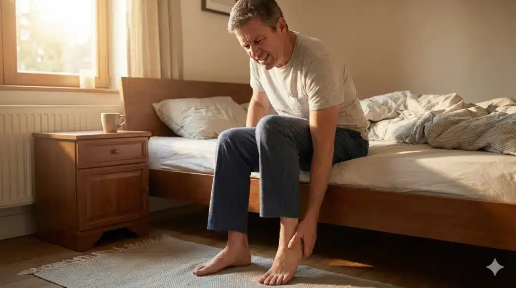 Person experiencing foot pain while walking showing daily life impact