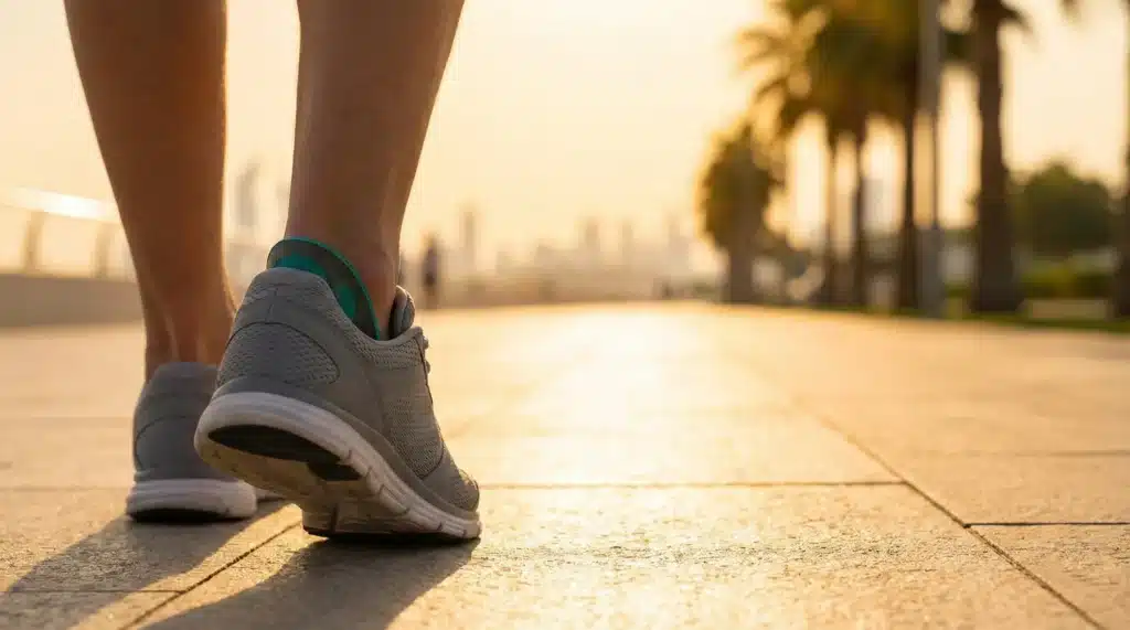 A person's feet mid-stride walking confidently on a bright