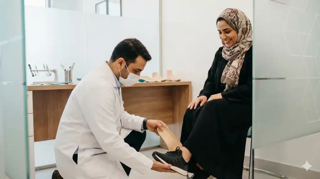 Orthotist fitting custom insole to patient foot in Dubai clinic
