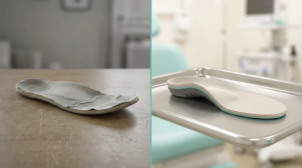 A dramatic split-screen comparison — on the left side, a worn-out generic flat pharmacy insole lying crumpled and compressed on a surface; on the right side, a pristine custom orthotic insole with visible anatomical arch support, sculpted contours, and medical-grade materials, placed on a professional clinical tray