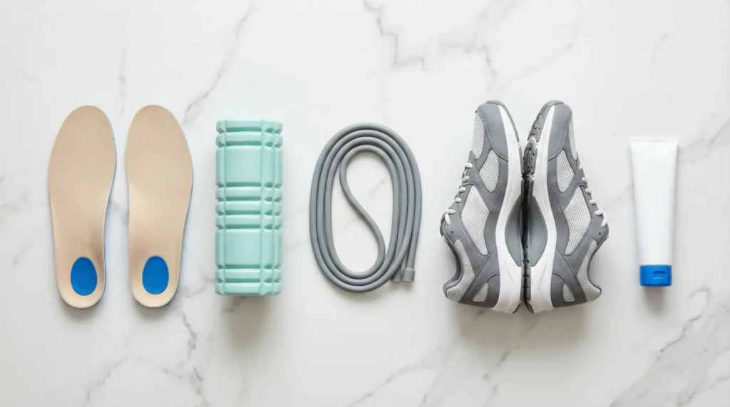 A visual arrangement of common flat feet treatment options laid out neatly on a clean surface