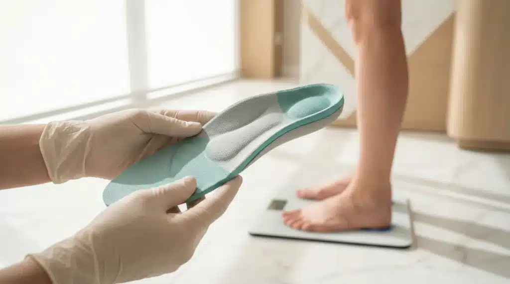 A pair of hands holding a custom-molded orthotic insole