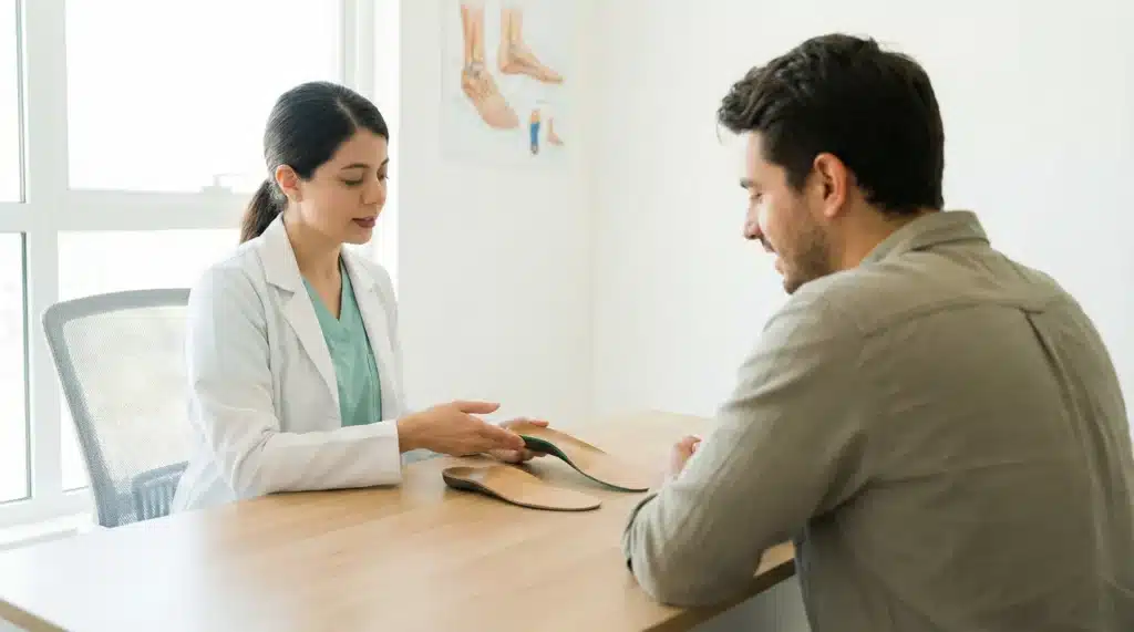 A friendly clinical consultation scene — a healthcare professional in a clean white coat sitting across from a patient, both looking at a custom orthotic insole placed on the desk between them, the professional gesturing toward the insole in an explanatory manner, the patient leaning forward with an engaged and curious expression