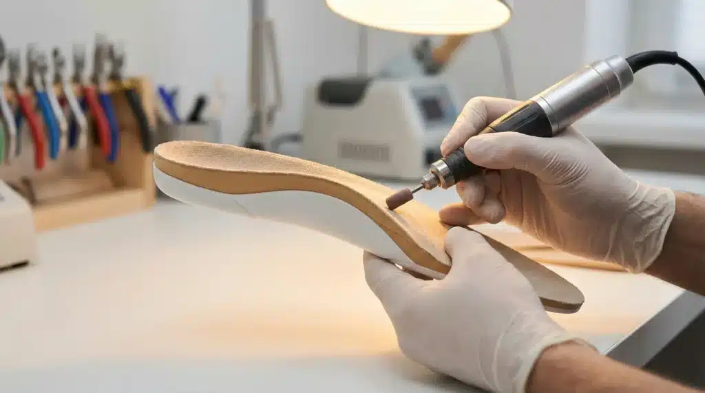 Close-up macro shot of a custom orthotic insole being carefully crafted by skilled hands in a professional workshop — one hand holding the insole, the other using a precision tool to refine the arch contour, with layers of medical-grade materials visible in cross-section