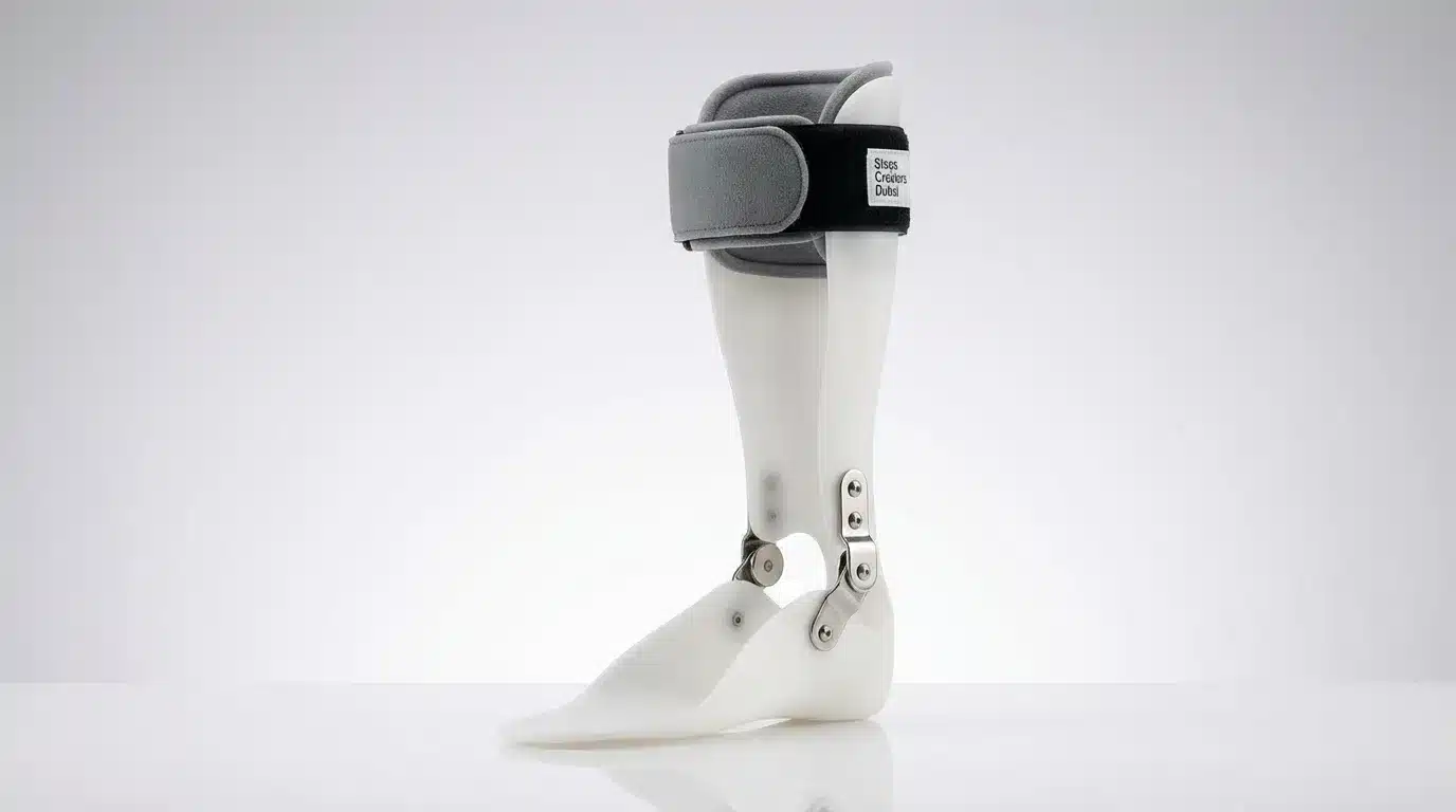 Custom articulated ankle-foot orthosis AFO with back strap by Steps Creators Dubai