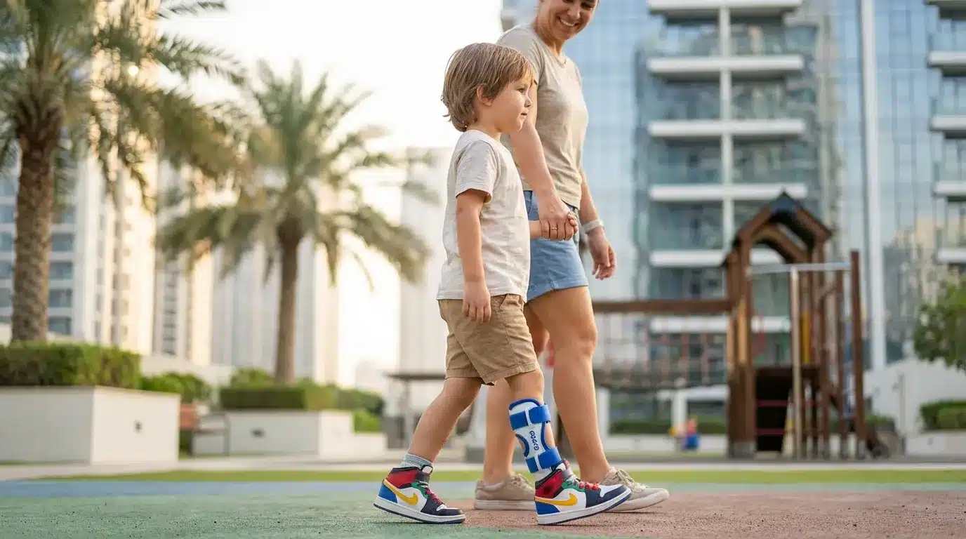 Patient wearing a custom ground reaction AFO GRAFO orthosis inside shoes for gait correction