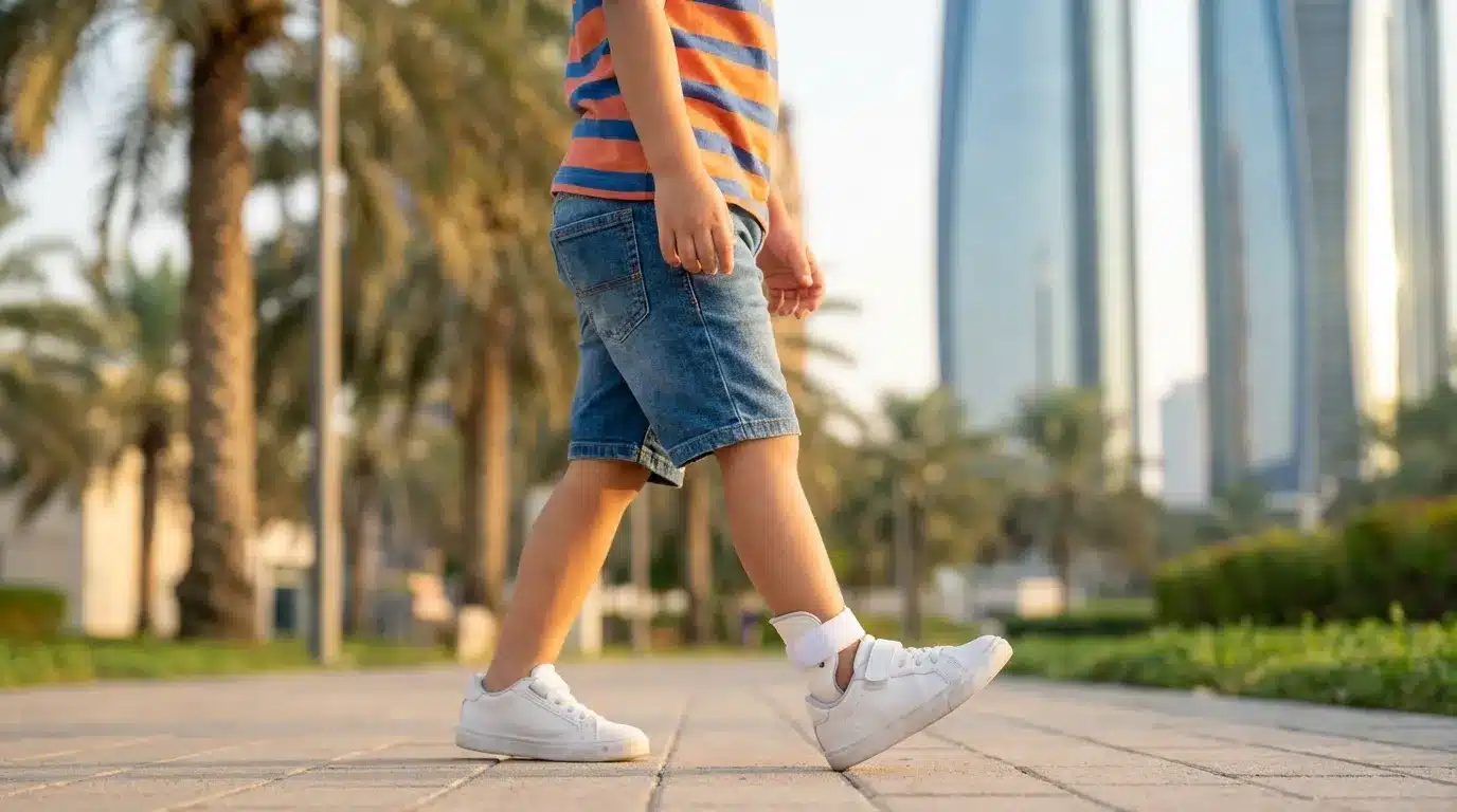 Child wearing Toe Walking SMO brace inside regular sneakers while walking outdoors in Dubai