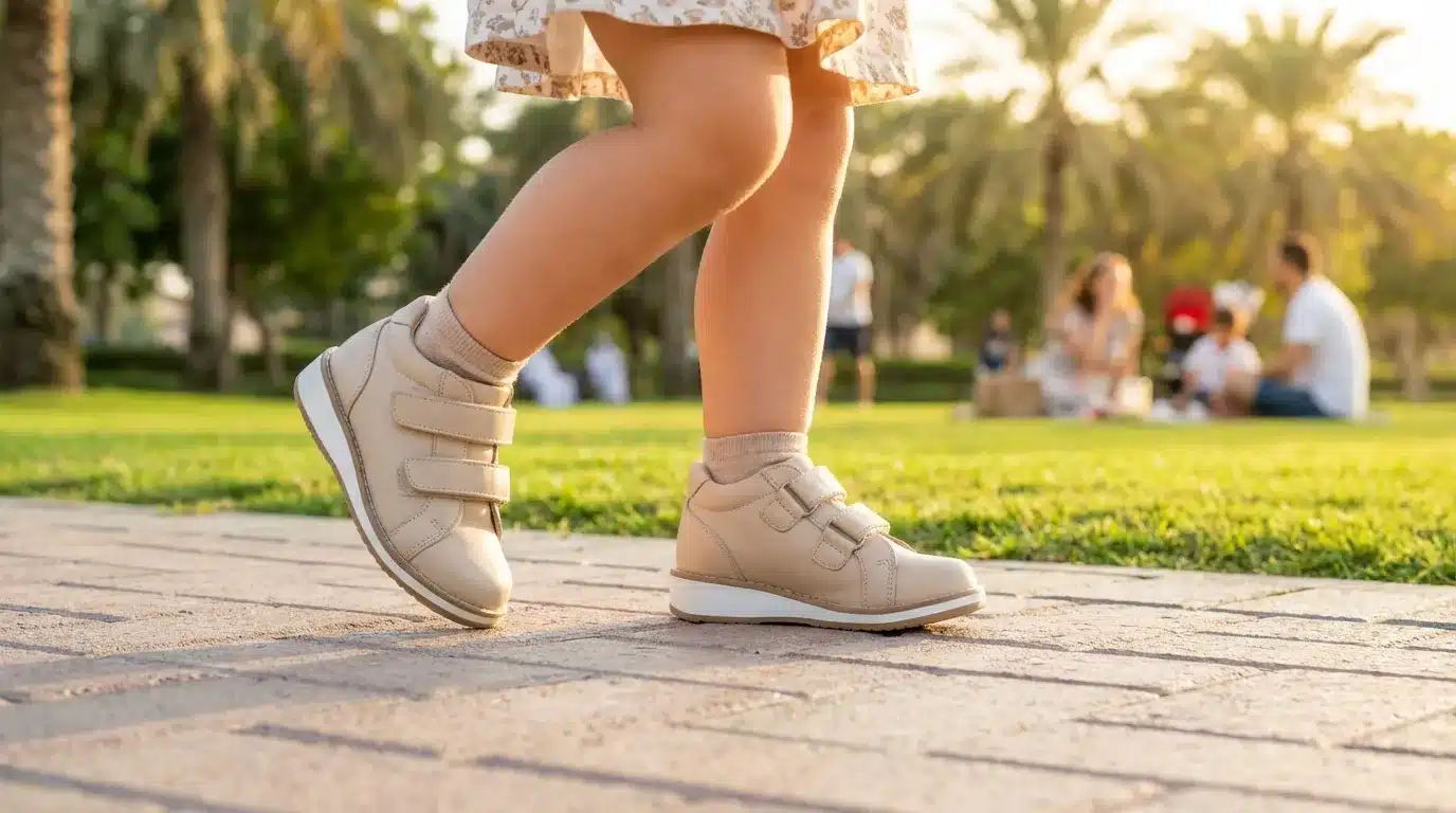 Child wearing custom antivarus corrective shoes while walking and playing outdoors