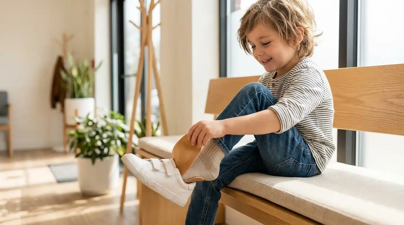 Child wearing Intoeing Foot Orthotic inside a shoe