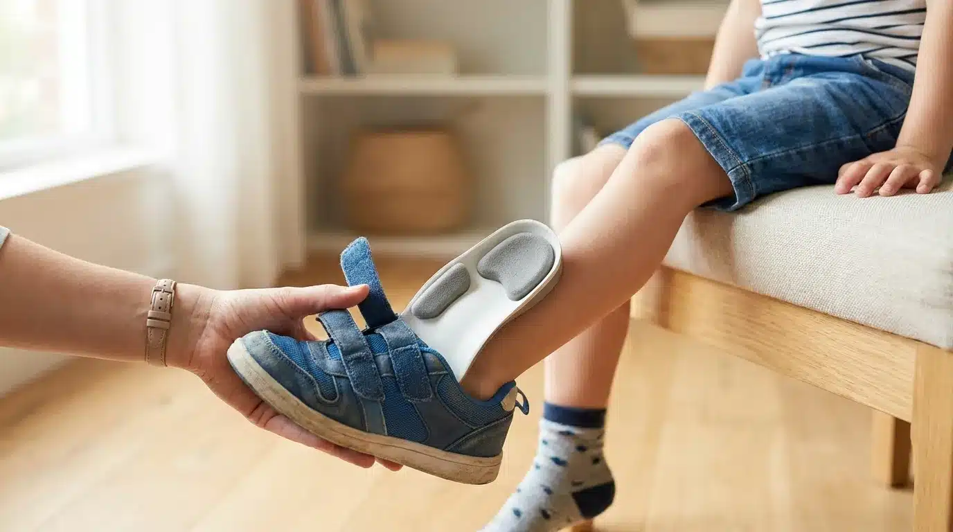 Child wearing Intoeing Foot 2 orthosis inside shoe for pigeon toe correction Dubai
