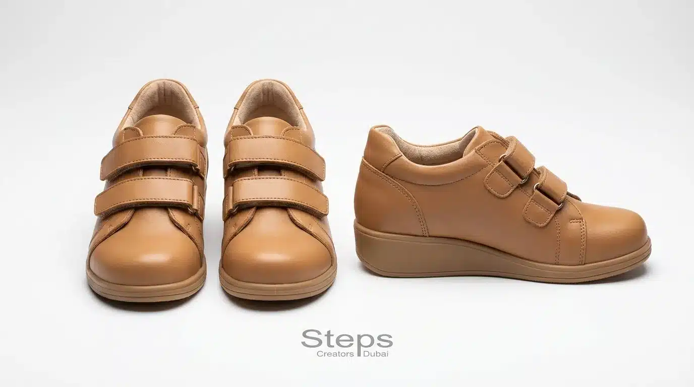 Custom-made antivarus orthopedic shoes for children — front and side view by Steps Creators Dubai