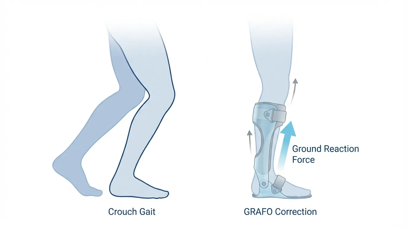 Illustration comparing crouch gait and knee hyperextension with normal walking pattern