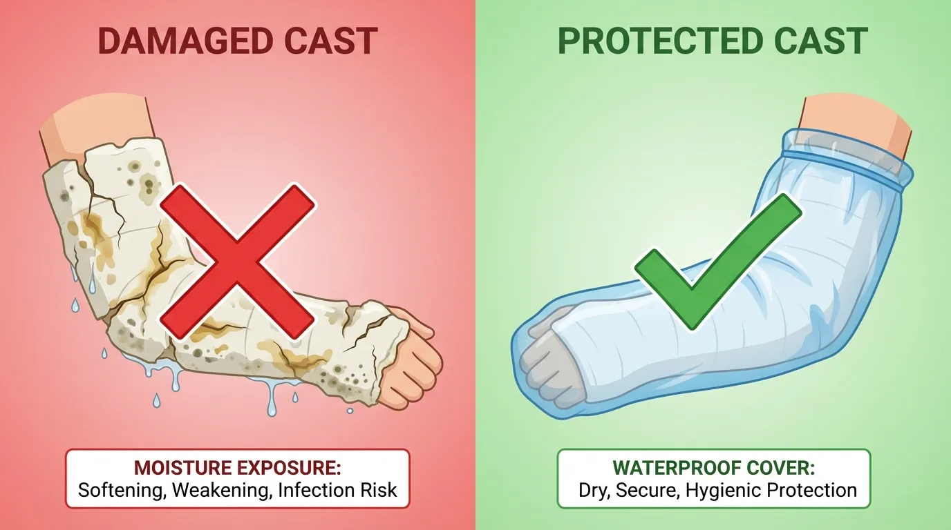 Illustration comparing wet cast damage vs. protected cast with waterproof cover