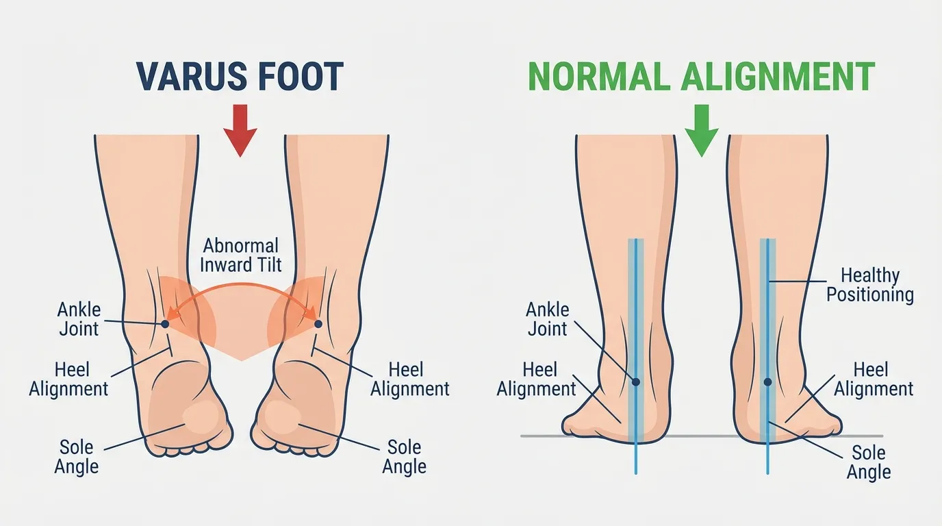 Diagram comparing varus foot alignment with normal foot positioning in children