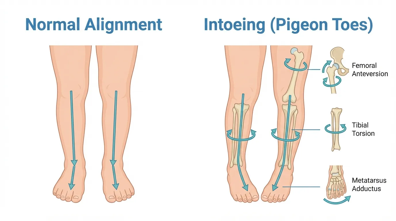 Diagram showing intoeing vs normal foot alignment in children – pigeon toe gait