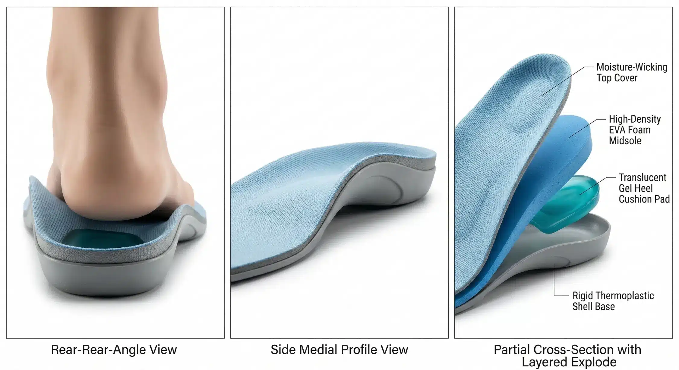 Close-up of plantar fasciitis insole showing deep heel cup and arch support design