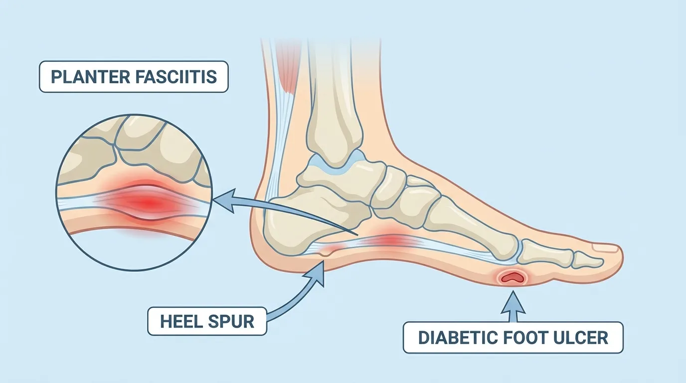 Heel conditions anatomy illustration showing plantar fasciitis, heel spur, and diabetic ulcer