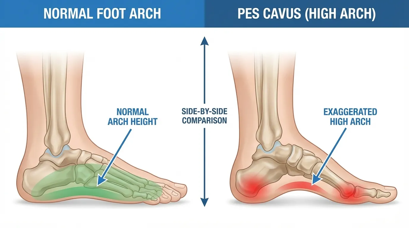 Illustration comparing pes cavus high arch foot vs normal foot arch