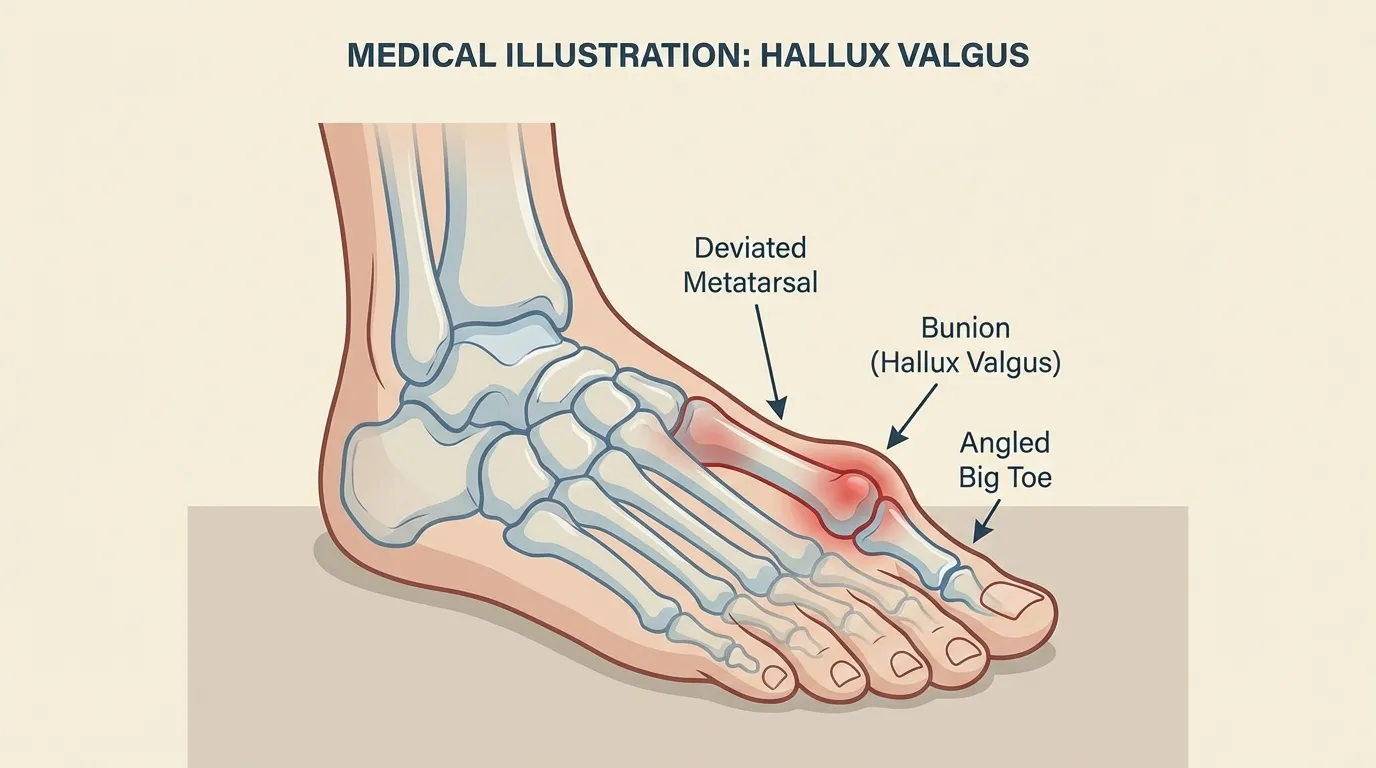 Illustration showing hallux valgus bunion deformity on adult foot