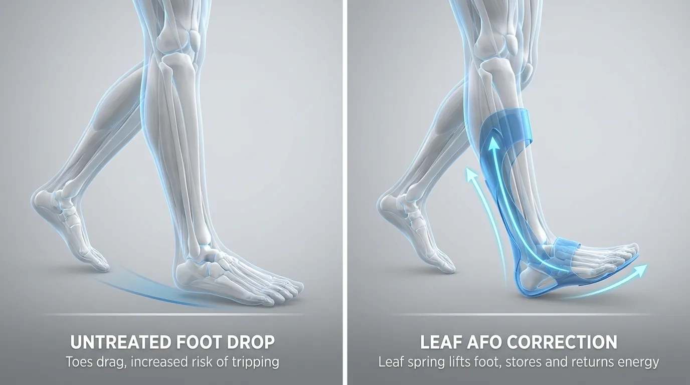 Illustration showing foot drop condition compared to normal walking gait pattern