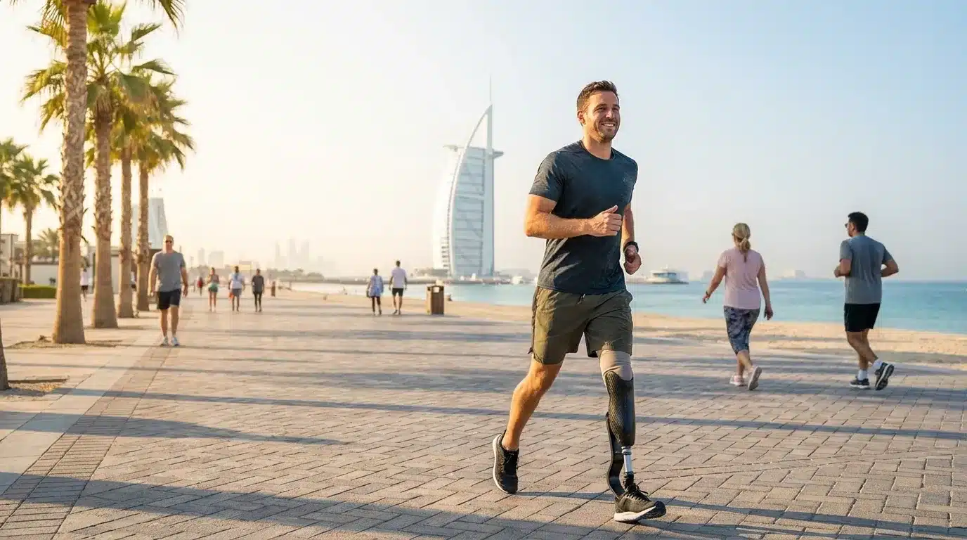 Person walking confidently with a below-knee prosthetic leg in Dubai