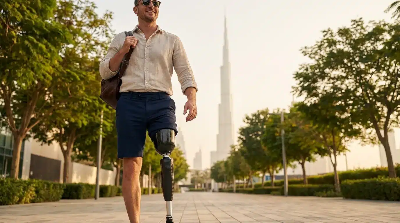 Patient walking confidently with above knee prosthetic leg in Dubai