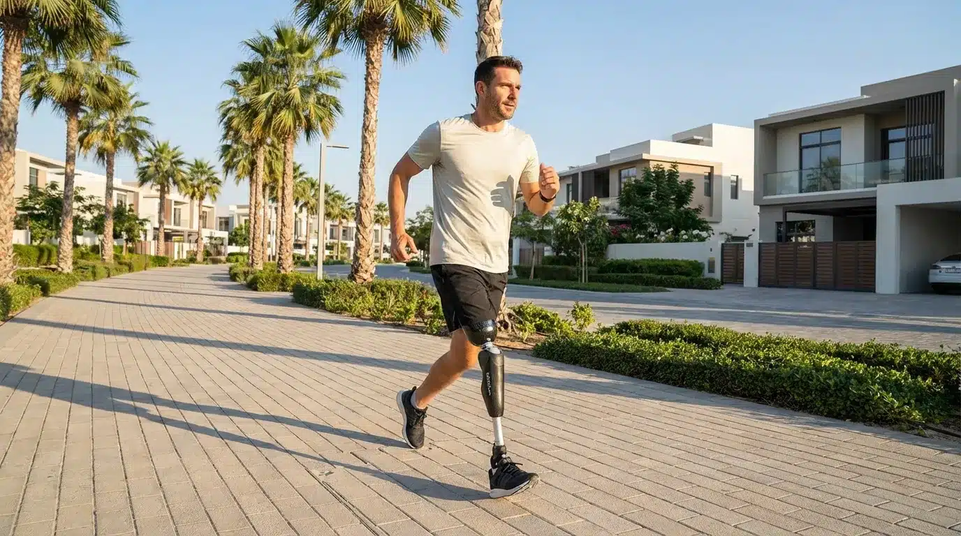 Active amputee walking outdoors wearing Capital™ Knee hydraulic prosthetic leg