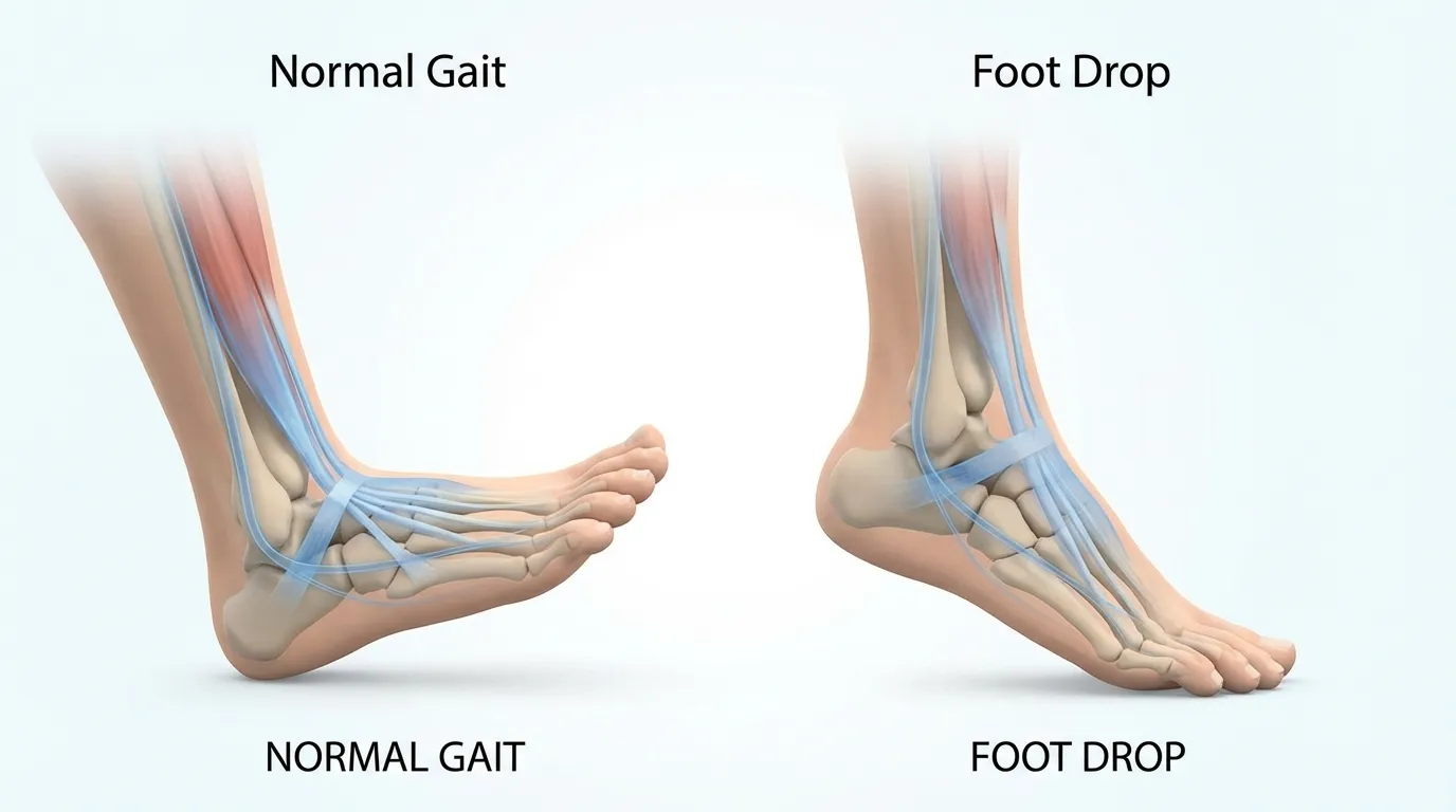 Illustration comparing foot drop gait pattern versus normal walking gait