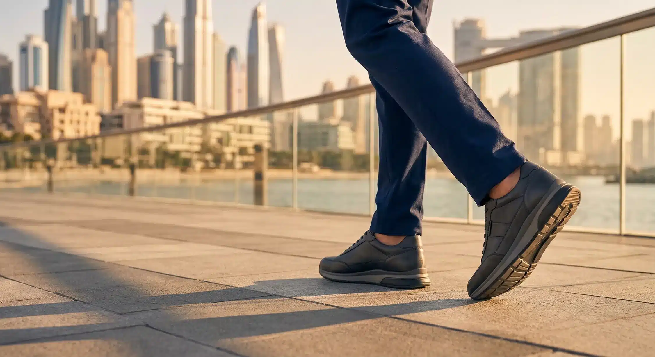 Patient wearing custom orthopedic shoes walking comfortably outdoors in Dubai
