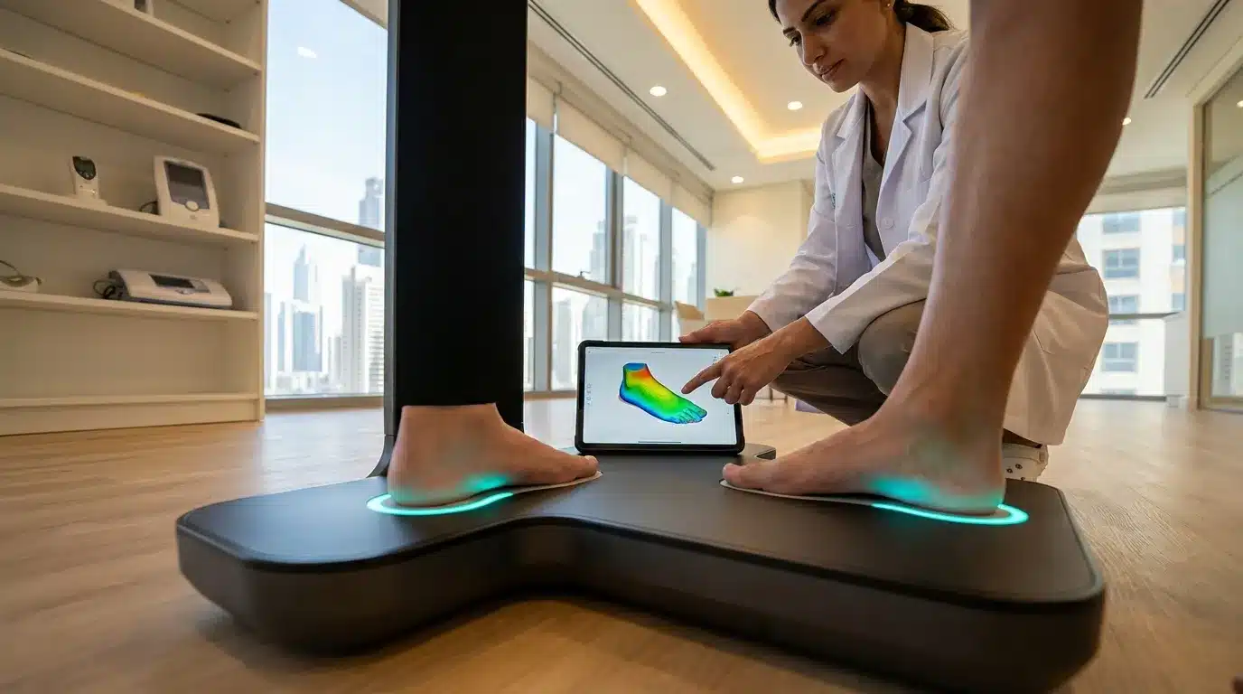Patient receiving 3D foot scan for custom insoles at Steps Creators Dubai clinic