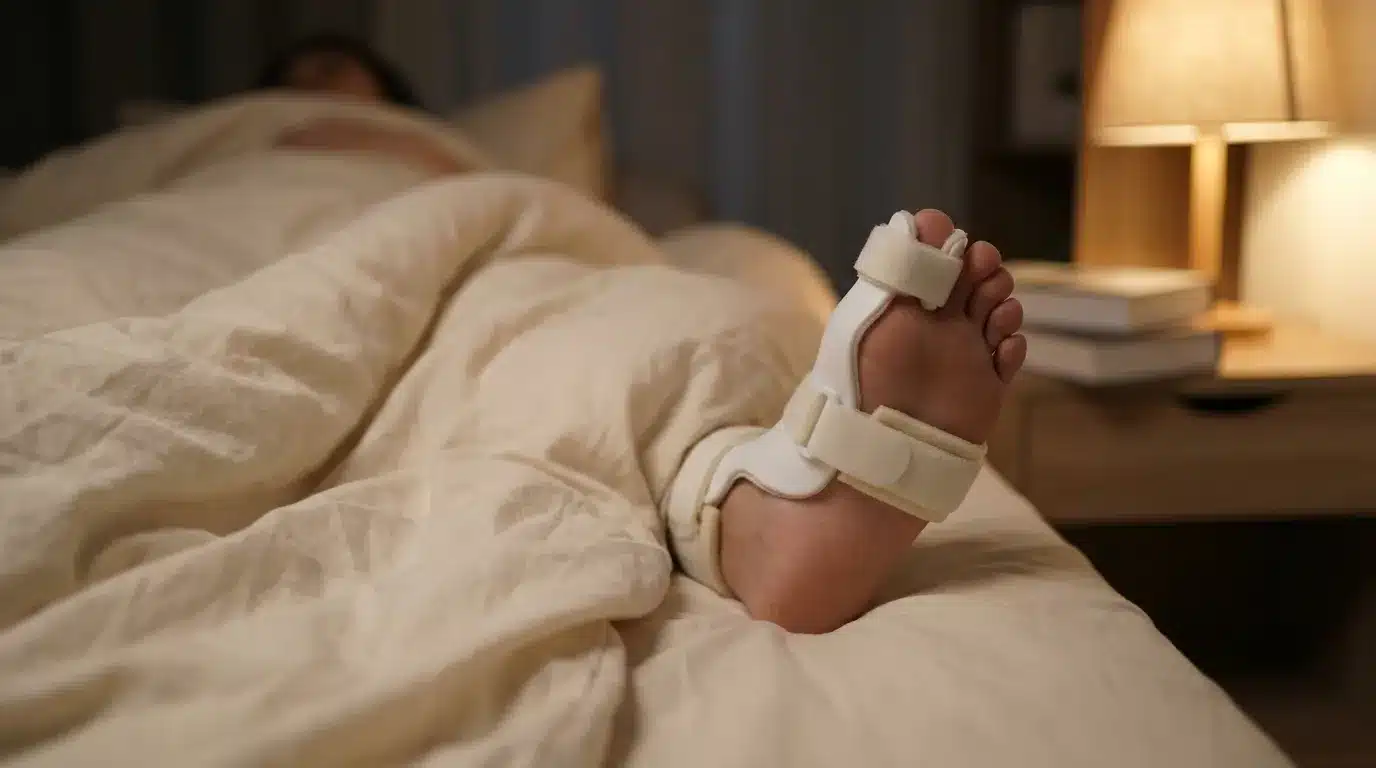 Patient wearing hallux valgus night splint for toe realignment in Dubai