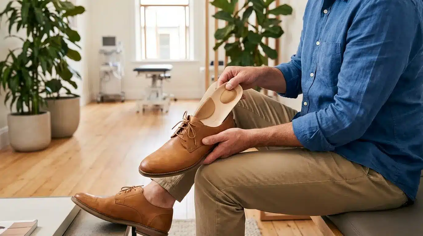 Patient wearing the metatarsalgia orthotic insole inside a shoe – lifestyle image