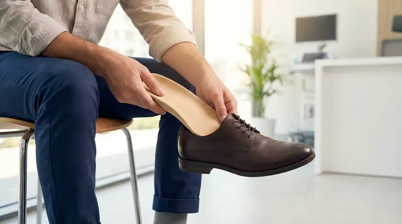 Patient wearing custom forefoot offloading insole inside shoe for daily walking comfort in Dubai