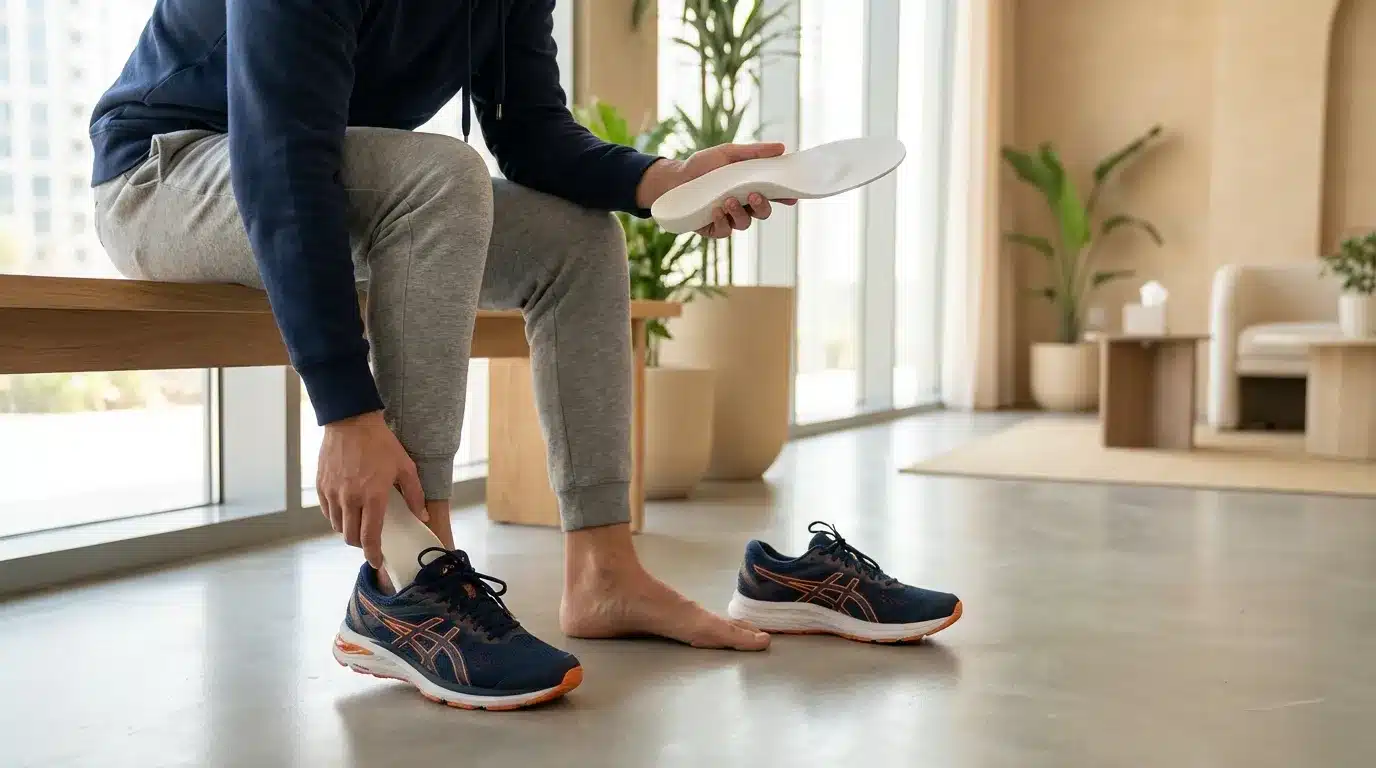 Person wearing custom 3D orthotic insole inside shoe for pes cavus correction