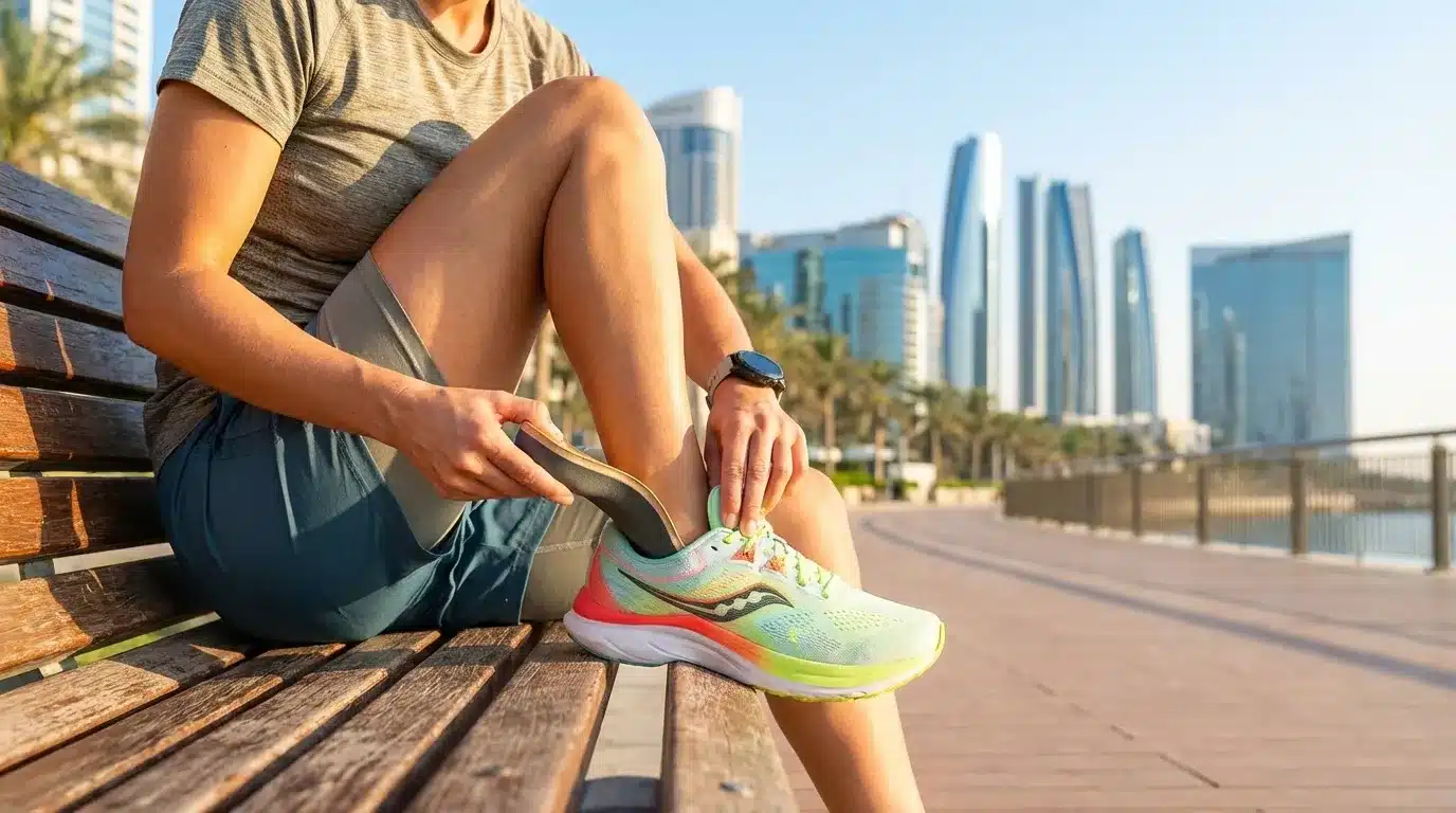 Person wearing Achilles tendon orthotic insole inside shoe in Dubai