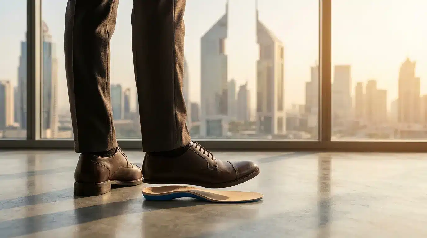 Person wearing custom orthotic insoles while standing at work in Dubai