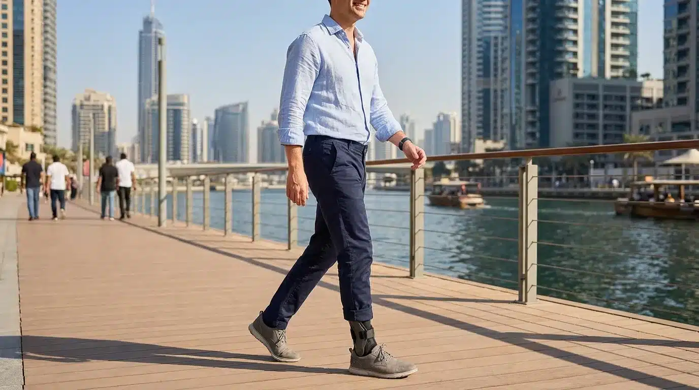 Patient wearing articulated AFO with back strap while walking outdoors