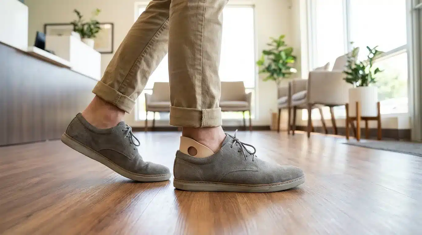 Person walking comfortably wearing Heel Offload orthotic inside a shoe