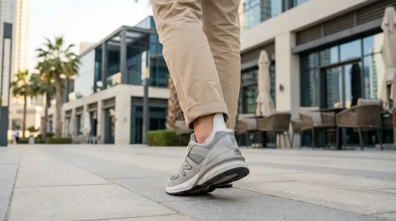 Patient wearing a custom static AFO brace while walking for ankle support