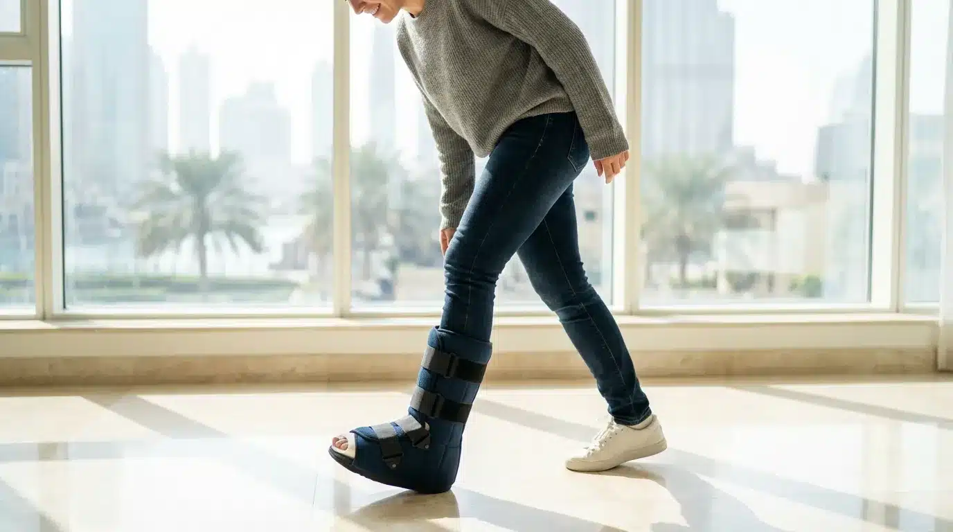 Patient wearing a leg/foot cast struggling with mobility