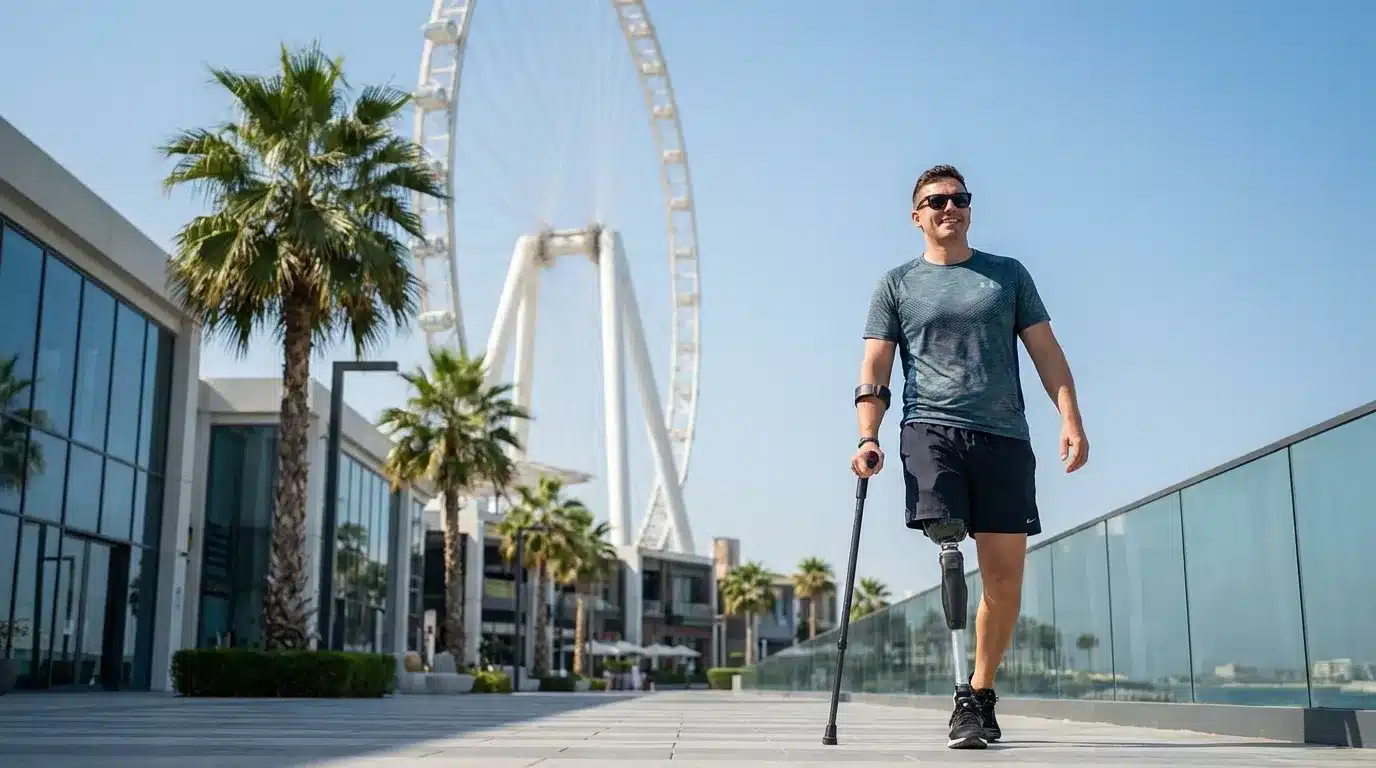 Patient walking with a hip disarticulation prosthetic leg