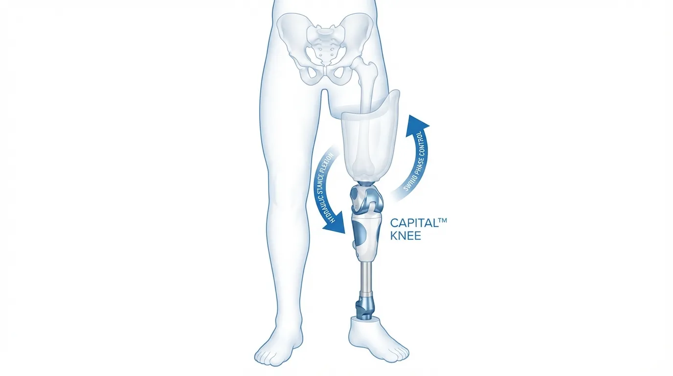 Above-knee transfemoral amputation diagram showing prosthetic knee joint placement