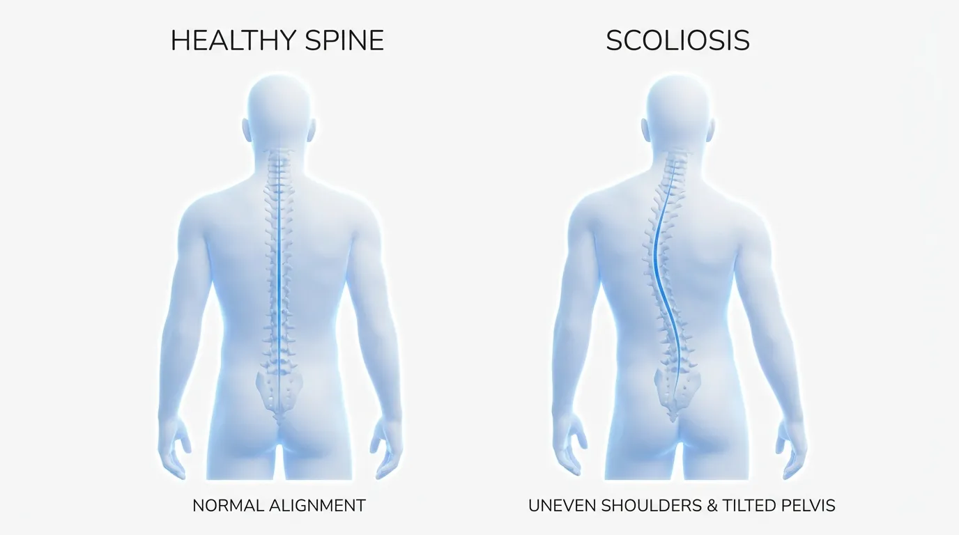 Illustration comparing scoliosis curved spine with normal spinal alignment