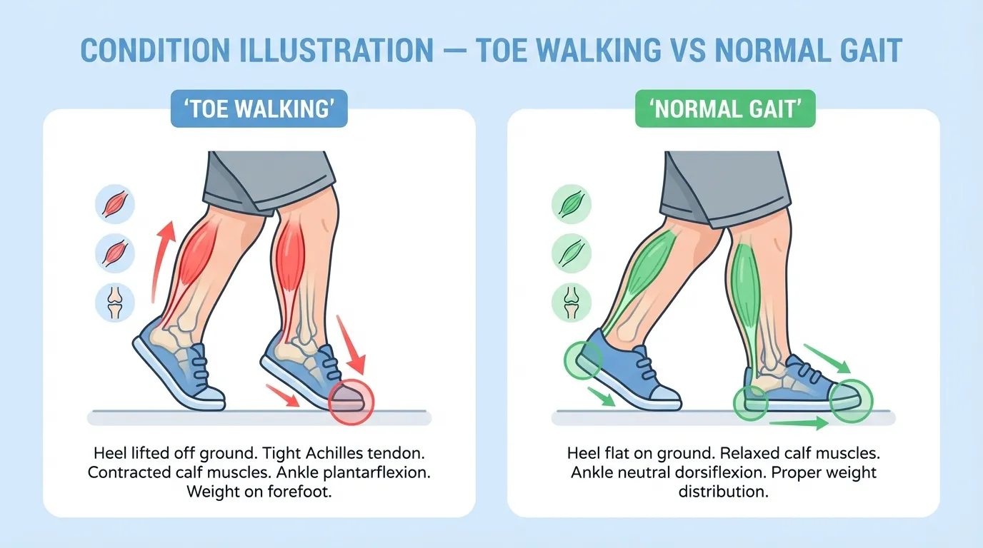 Illustration comparing child toe walking vs normal heel-to-toe gait pattern showing ankle and calf muscles