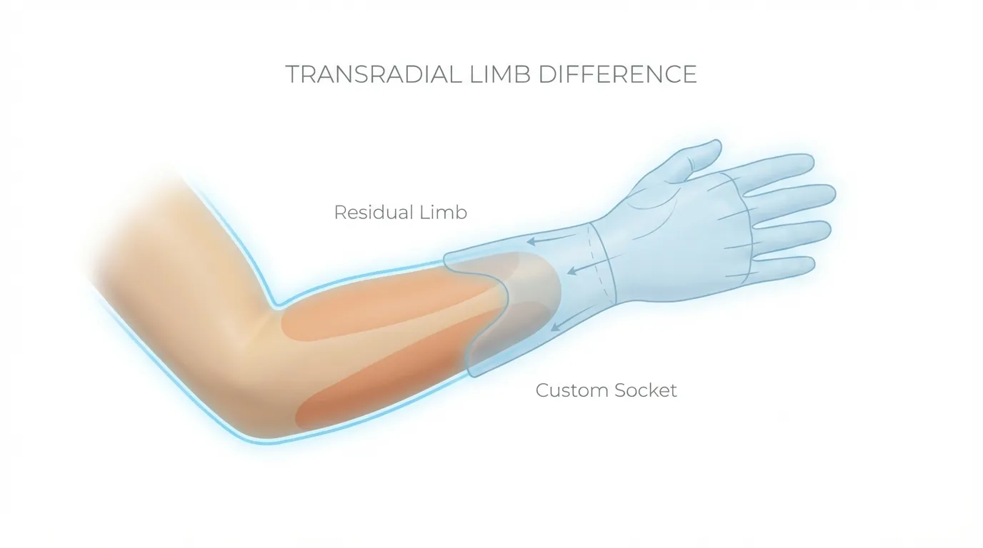 Below-elbow limb difference showing transradial amputation and prosthetic solution