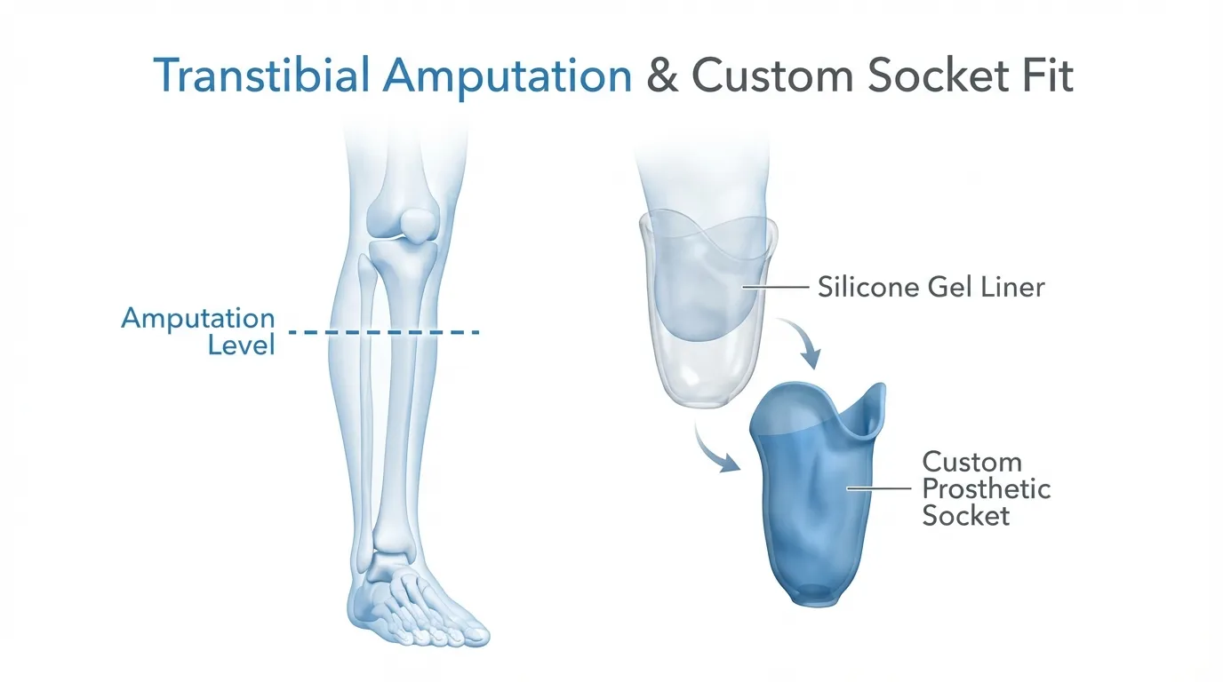 Below-knee amputation prosthetic leg components and fitting