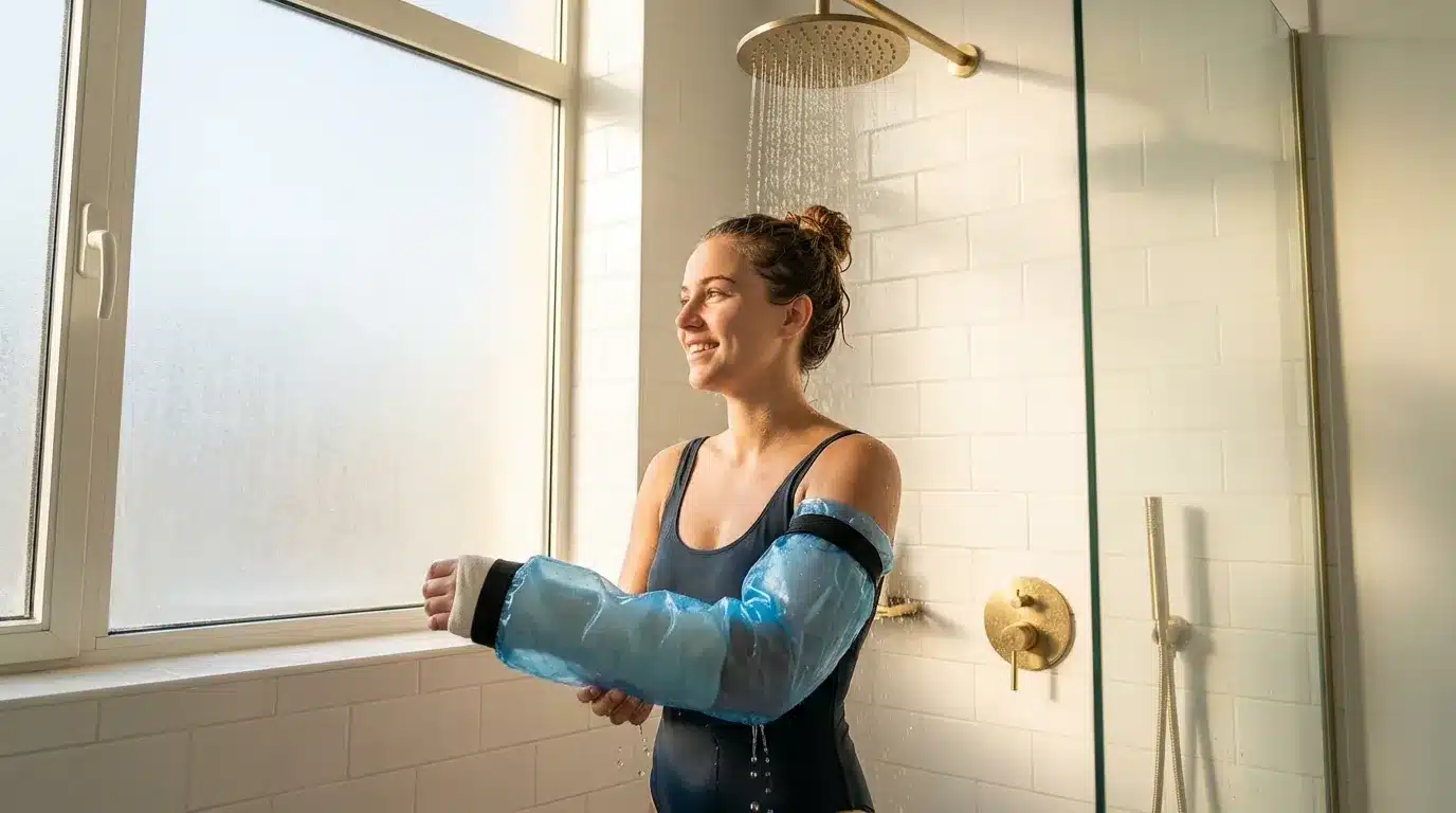 Patient using a waterproof cast cover while showering in Dubai